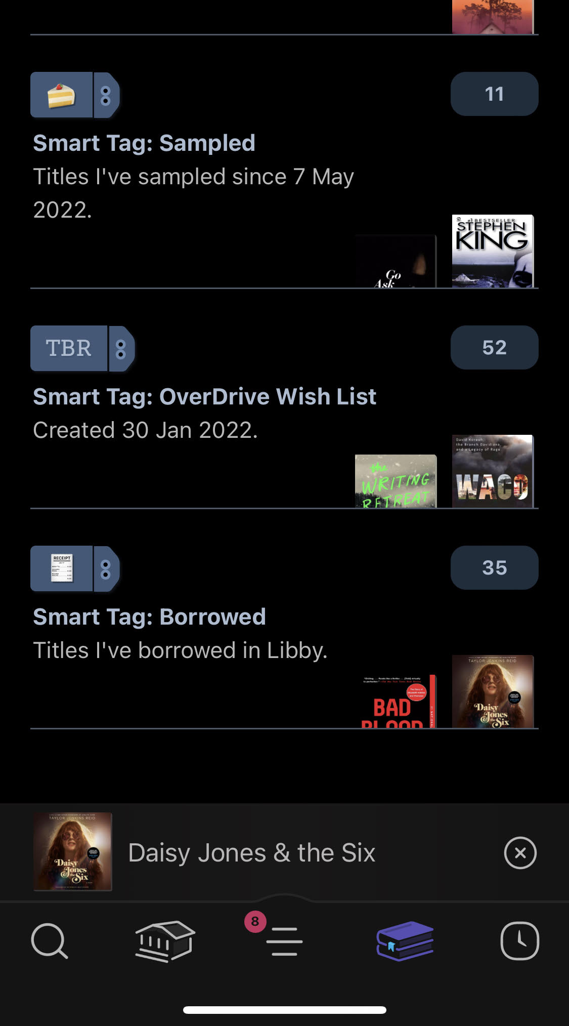 A user who has Libby set to dark mode has set up several tags within the Libby app including a TBR and borrowed titles