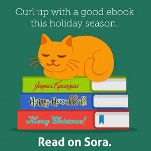 curl up with an ebook this holiday season orange cartoon cat on stack of books