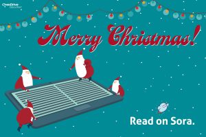 merry christmas read on sora graphic cartoon santa with open book