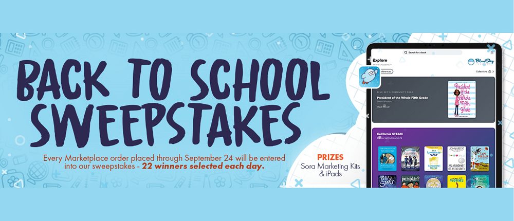 back to school sweepstakes copy on blue background with device