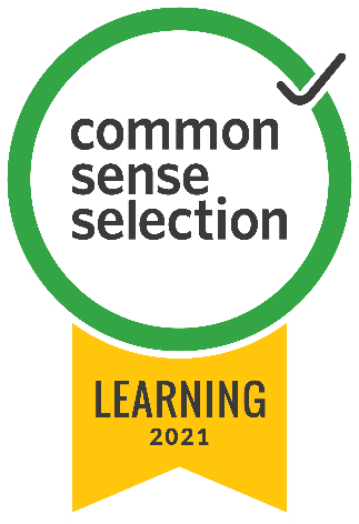 hollow green circle badge with yellow tail that reads common sense selection for learning 2021