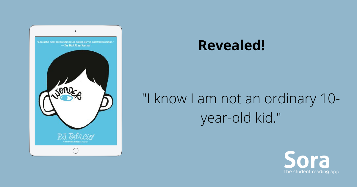 ebook blind date answer card with the jacket for the book wonder by RJ Palacio. the jacket is next to the words "Revealed! I know I am not an ordinary 10-year-old kid."