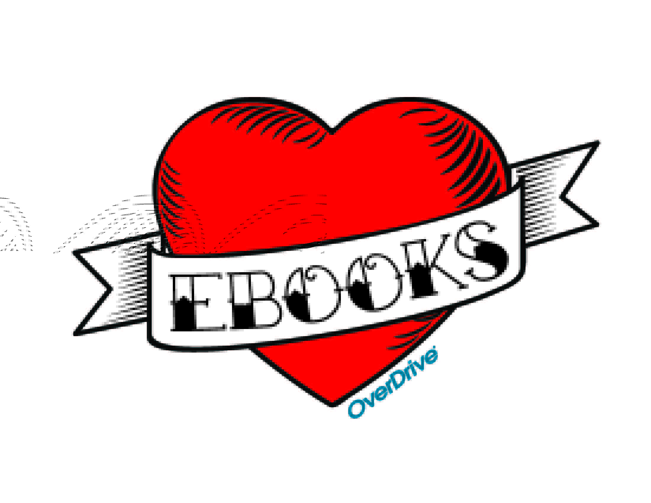 graphic of a black and white banner with the word ebooks written on top, draped over a red cartoon heart outlined in black.