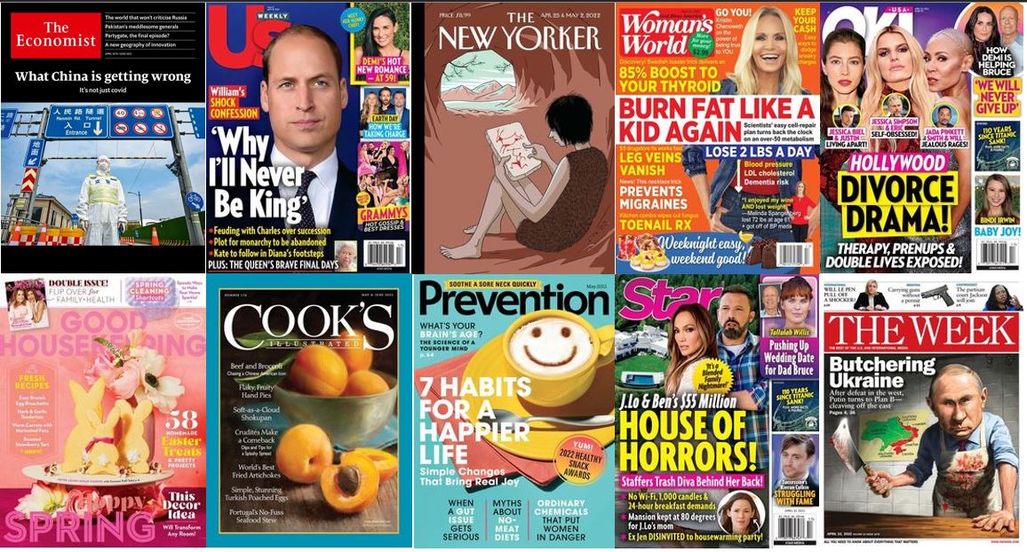 The Economist, US Weekly, The New Yorker, Woman's World, OK!, Good Housekeeping, Cook's Illustrated, Prevention, Star, The Week
