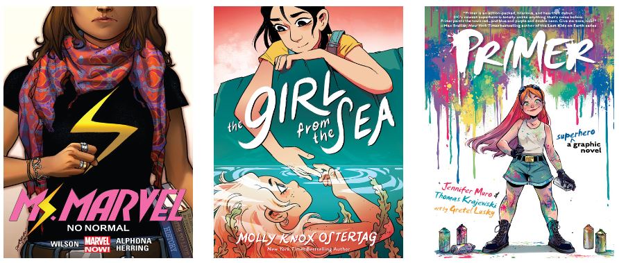 Popular juvenile and YA comics include Ms. Marvel, The Girl from the Sea, and Primer