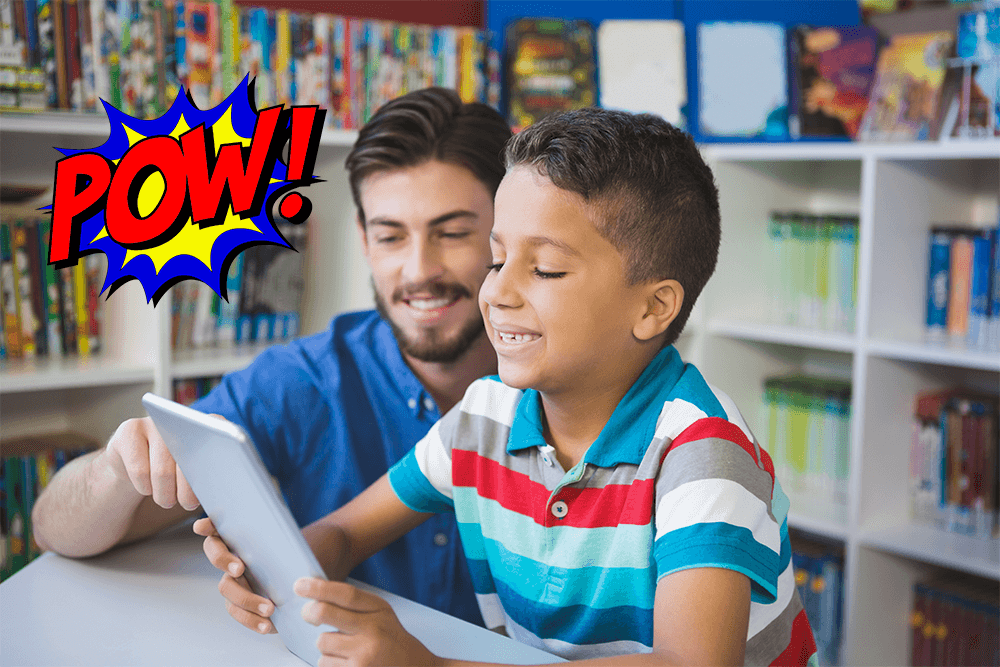 young male presenting reader enjoying a comic book with his teacher