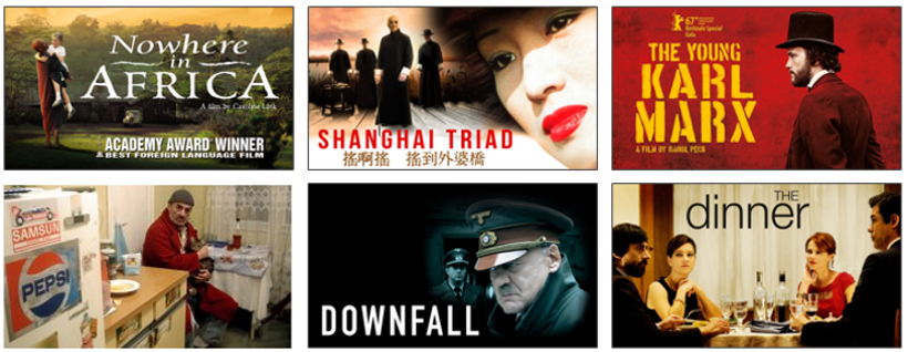 Selections from the World Cinema PLUS Pack including Shanghai Triad, The Young Karl Marx, Downfalll, and Nowhere in Africa