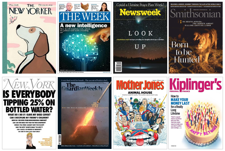 A selection of titles included in OverDrive Magazine's all in package including The New Yorker, Newsweek, The Guardian Weekly and Smithsonian magazine