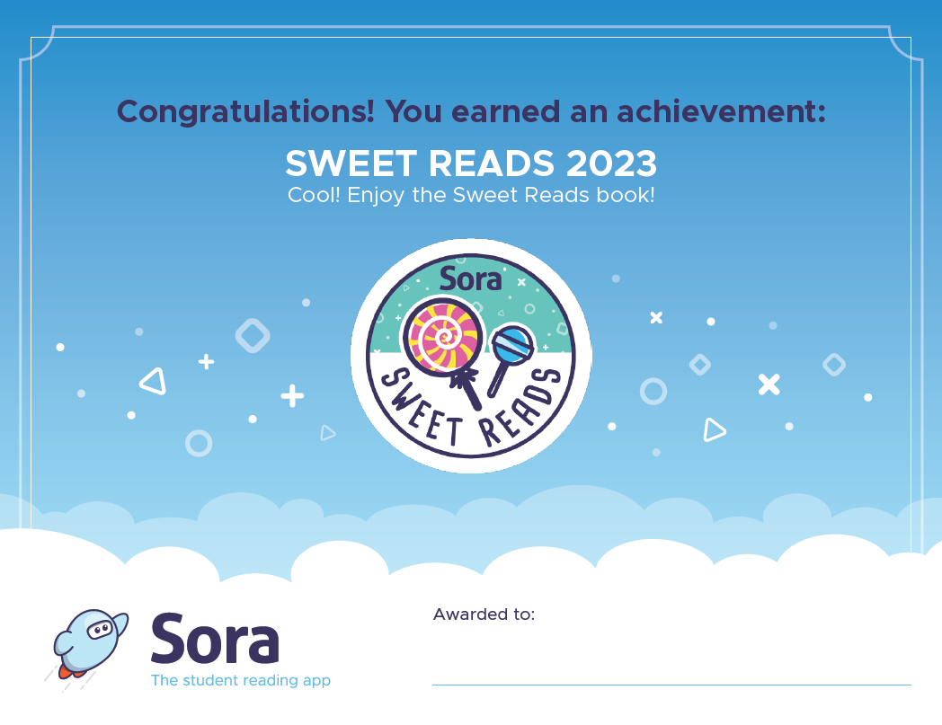 2023 Sora Sweet Reads reading achievement certificate.