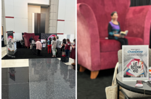 Pictures from the Banned Books in the Big Chair event. On the left, a line of ALA attendees wait for their turn. On the right, a person sits in the chair holding a banned book they are reading from.