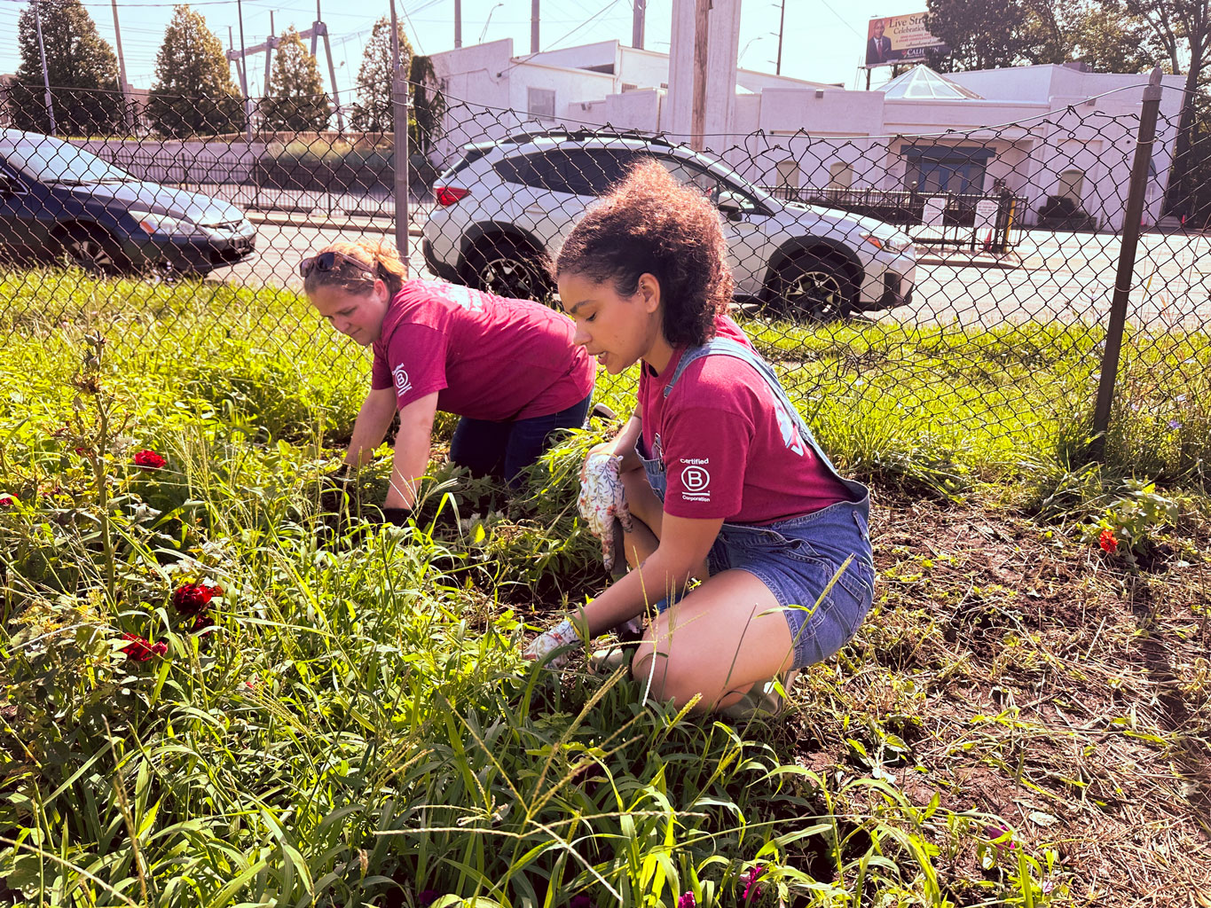 Employees pulling weeds at a volunteer event