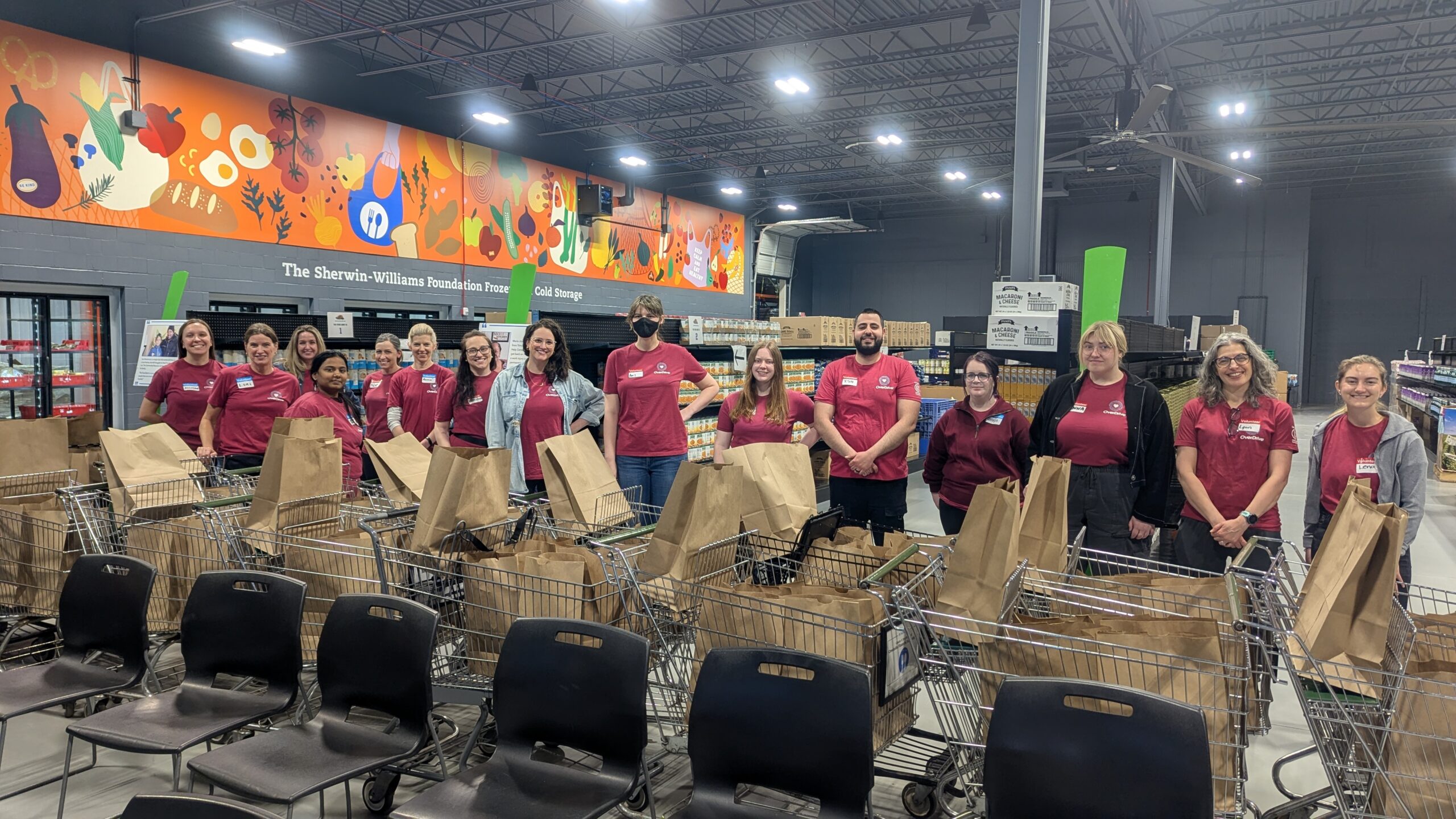 Employees posing in front of shopping carts after a volunteer event