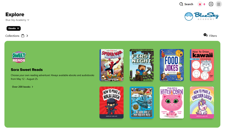 View of the Explore page in Sora, showing how schools curate Sora Sweet Reads collections so that titles are easy to find for students. Includes representative sample of jackets for eight Sora Sweet Reads titles.