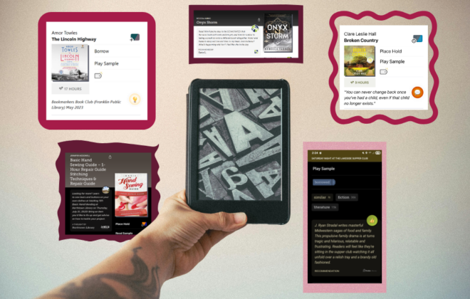 Hand holding an ereader surrounded by Libby Shelf Talker examples floating midair