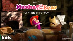 Graphic promoting "Masha and the Bear" on Kanopy