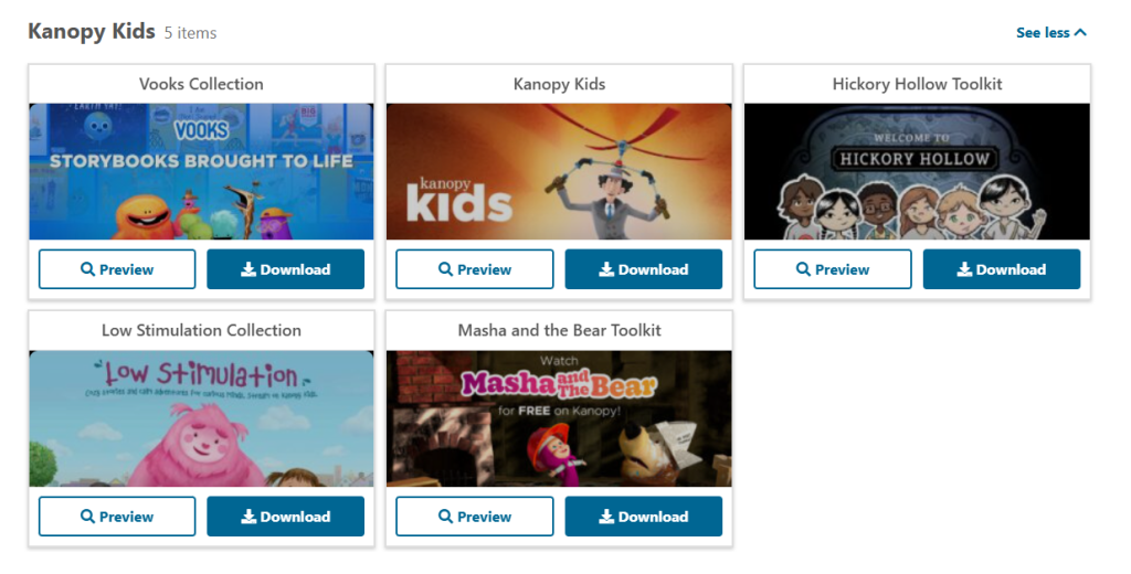 Screenshot of Kanopy Kids related marketing toolkits on the resource center webpage